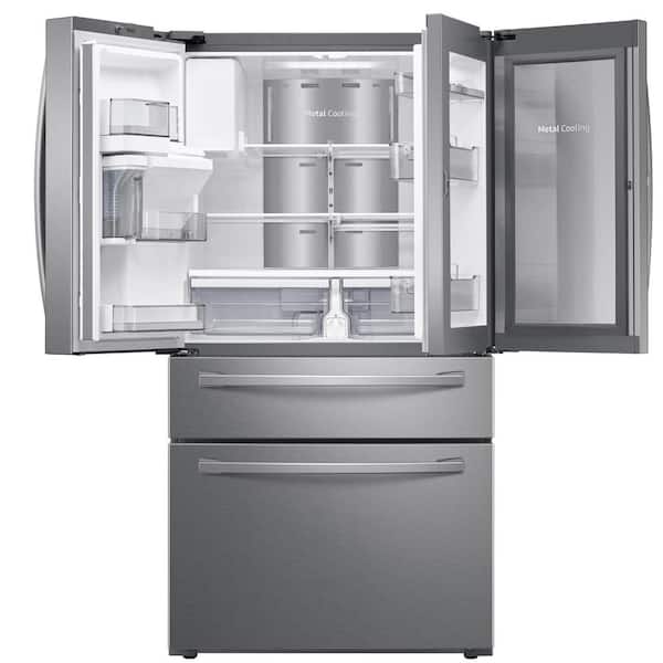 Samsung 22 4 Cu Ft Food Showcase 4 Door French Door Refrigerator In Fingerprint Resistant Stainless Steel Counter Depth Rf22r7351sr The Home Depot