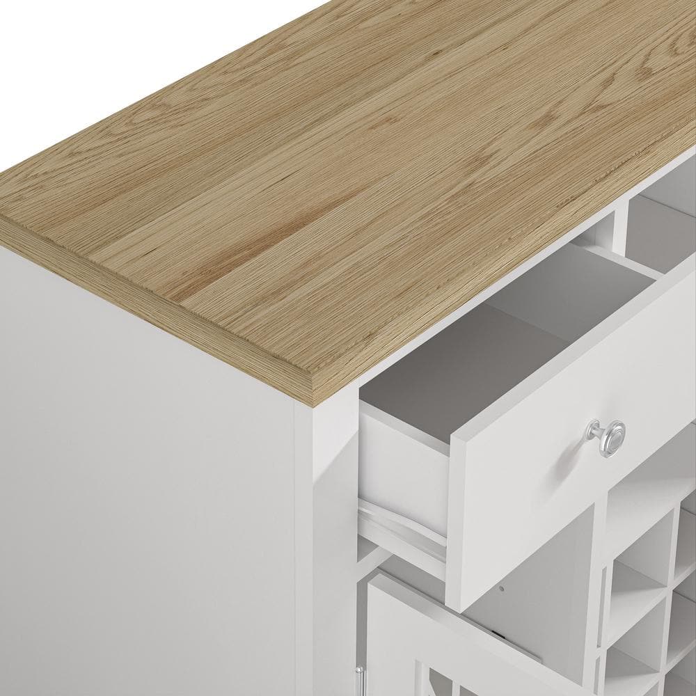 Festivo 47" White Wine Cabinet with Glass Doors and Wood Top