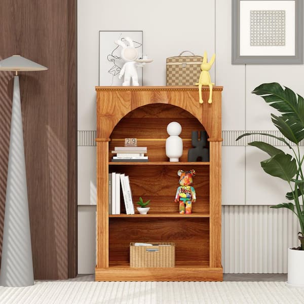 Sky 48 in. Tall Walnut Melamine Particle Board 3-Tier Shelf Accent Storage Bookcase with Decorative Beaded Trim