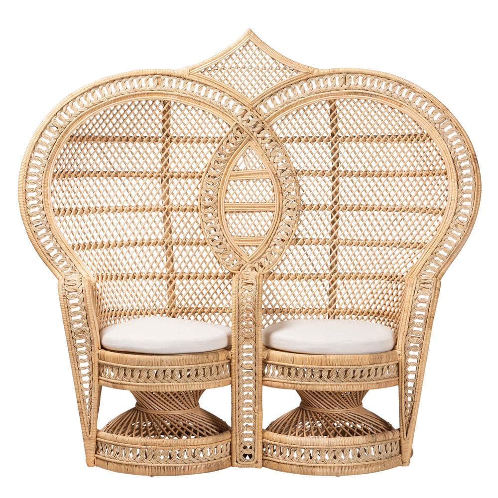 Handcrafted Bohemian Natural Brown Rattan Two-Seater Peacock Chair
