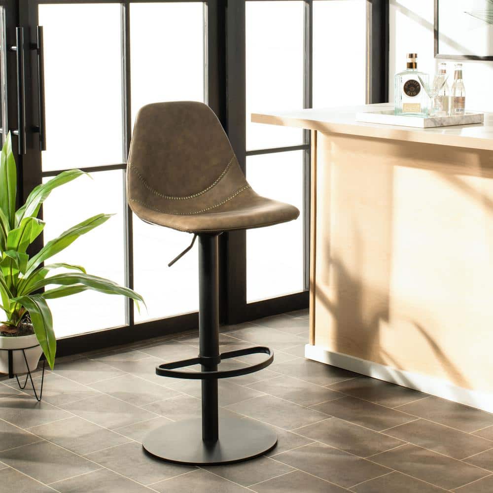 Olive Faux Leather Adjustable Swivel Barstool with Black Metal Base