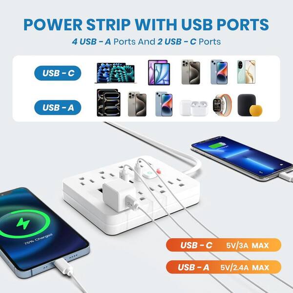 EKIEUDL - 8-Outlet Power Strip Surge Protector with 5 ft. Extension Cord and 4 USB Port-Overload Protection in White (2 Pack)