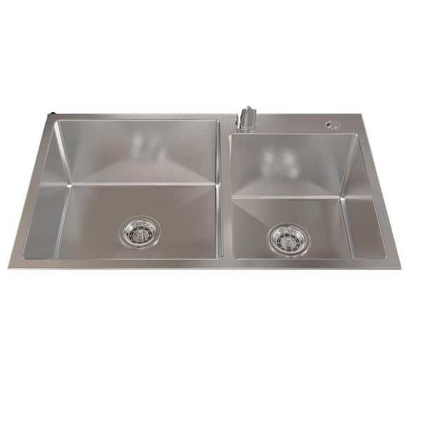 32 in. Drop-in Double-Bowl (60/40) 16-Gauge Brushed Nickel Stainless Steel Kitchen Sink with Drain