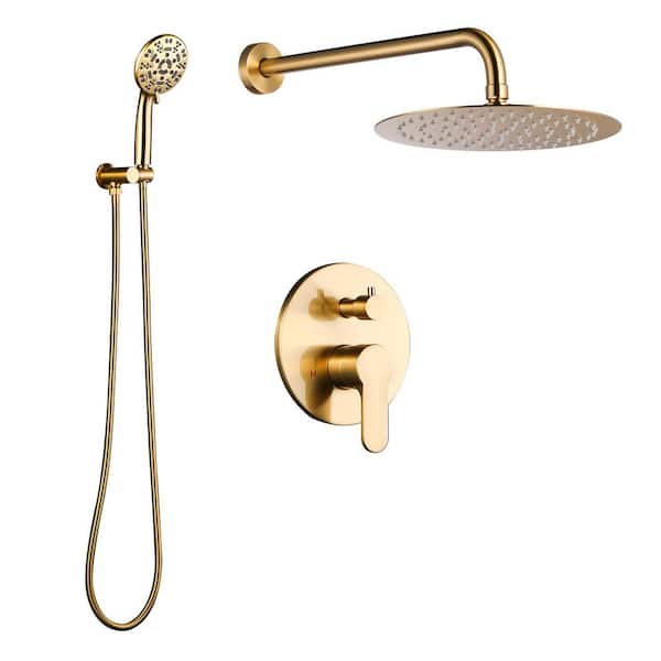 Wall Mount Dual Single Handle 2-Spray Shower Faucet 1.8 GPM with 10 in. Round Shower Head in Brushed Gold