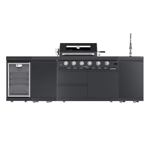 46 in. 4-Burner 72,000 BTU Stainless Steel Outdoor Kitchen BBQ Grill Island, Wine Refrigerator, Rotisserie, in Black