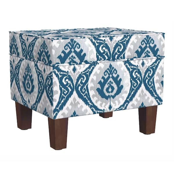 Benjara Ishi Blue and Walnut Brown Polyester Square Accent Ottoman