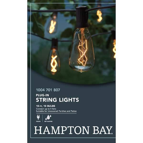 Hampton Bay Outdoor Indoor 10 Ft Light Line Voltage St40 Vintage Bulb Incandescent String Heads Nxt 2322 The Home Depot Vintage Bulb Incandescent String Light, Retro String Lights Indoor