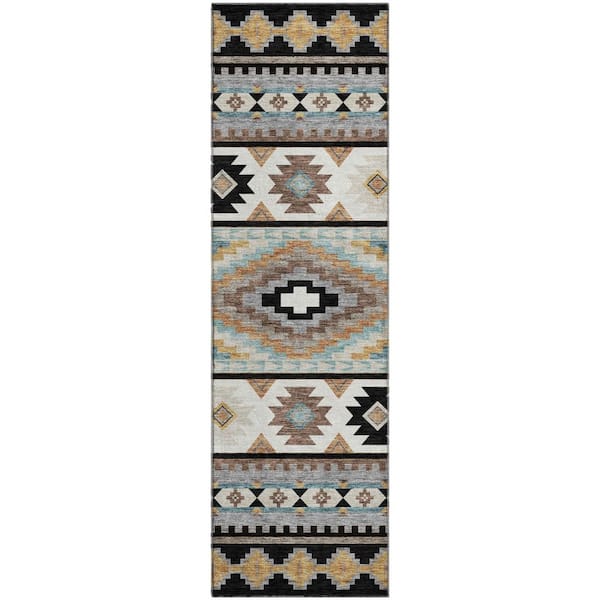 Mayfield Premium Machine Washable Abstract AMF2539 Black 2 ft. x 7 ft. Runner Rug
