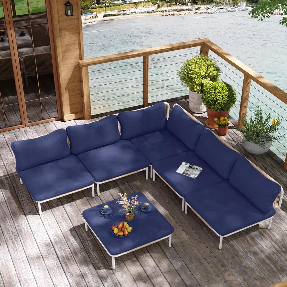 6-Piece Metal Outdoor Sectional Sofa with Navy Blue Cushions 6-Armrest