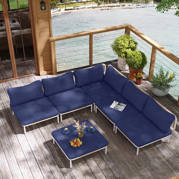 Pellebant 6-Piece Metal Outdoor Sectional Sofa with Navy Blue Cushions 6-Armrest