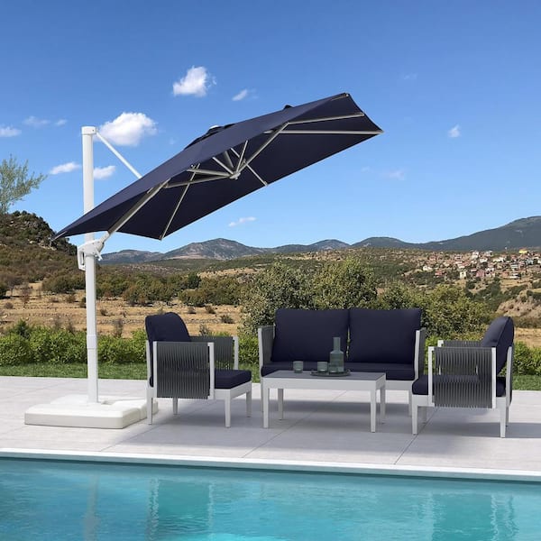 PURPLE LEAF 8 ft. Square Outdoor Patio Cantilever Umbrella White Aluminum Offset 360° Rotation Umbrella with Base, Navy Blue