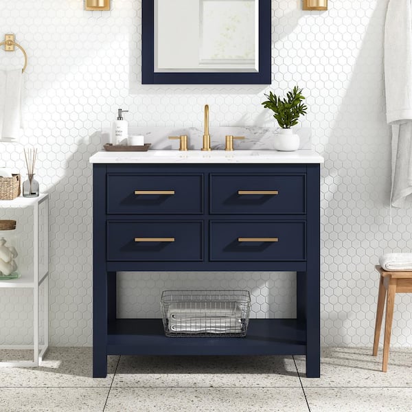 Avanity Brooks 37 in. Single Sink Navy Blue Bath Vanity with Cala White Engineered Stone Top