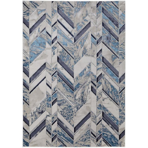 HomeRoots Ivory and Blue and Gray 8 ft. x 10 ft. Chevron Area Rug