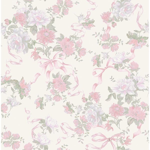 Cabbage Rose Bow Pretty in Pink Ribbons and Roses Wallpaper Sample