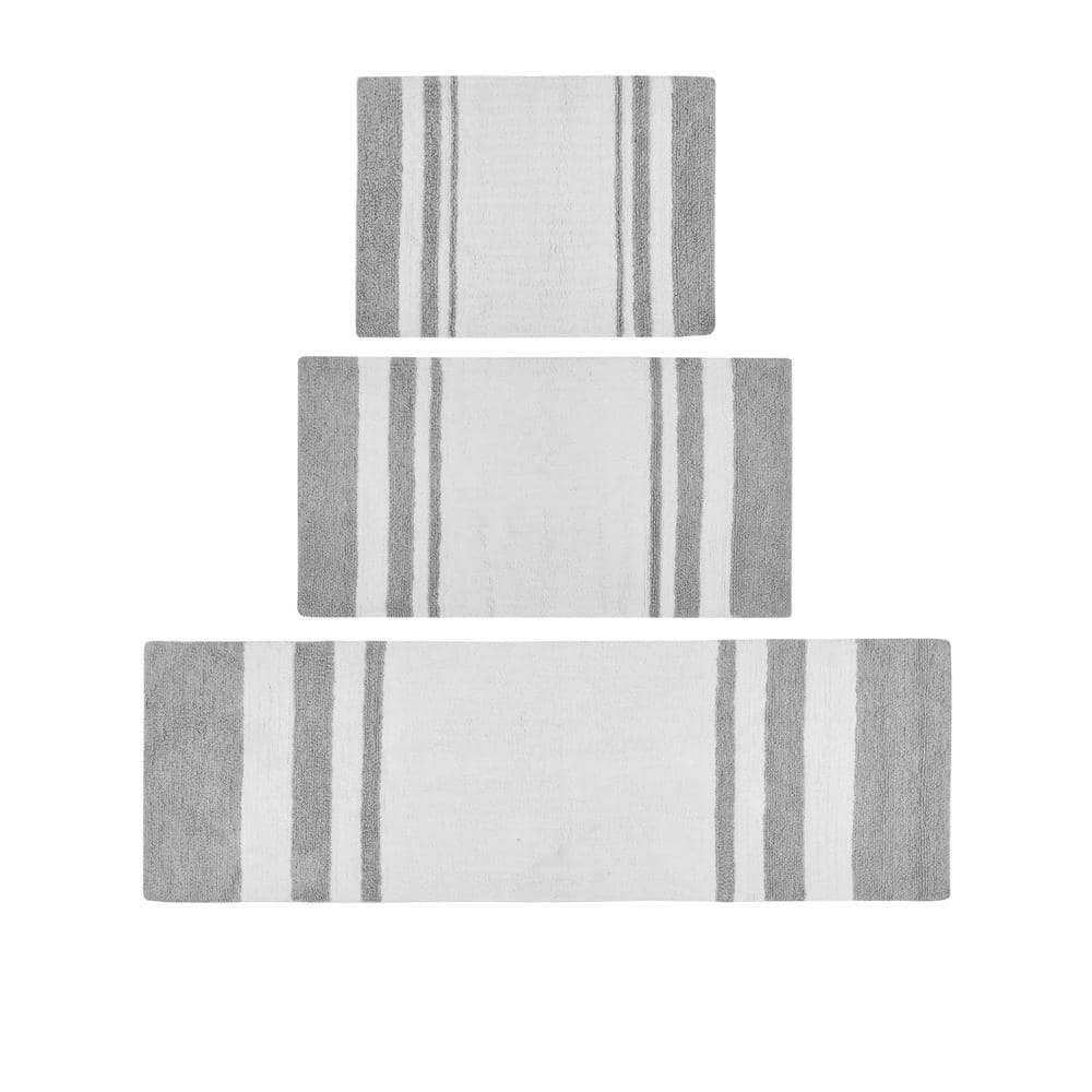 Gray and White Cotton Reversible Striped Bath Rug