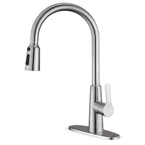 Single Handle Gooseneck Pull Down Sprayer Kitchen Faucet with Deckplate Included in Brushed Nickel