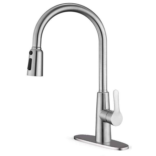 GIVING TREE Single Handle Gooseneck Pull Down Sprayer Kitchen Faucet with Deckplate Included in Brushed Nickel