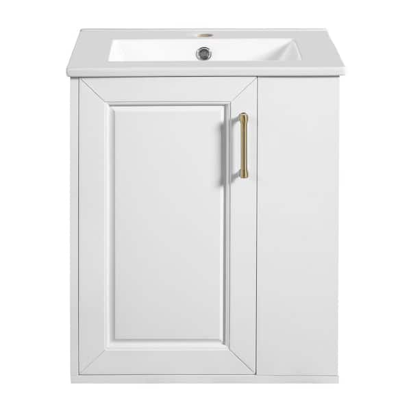 20 in. Single Sink Wall Mounted White Bath Vanity with White Ceramic Top