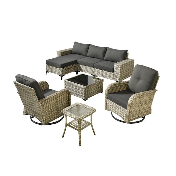 Verano 8-Piece Wicker Patio Conversation Sofa Seating Swivel Rocking Chairs Set with Ottoman and Black Cushions