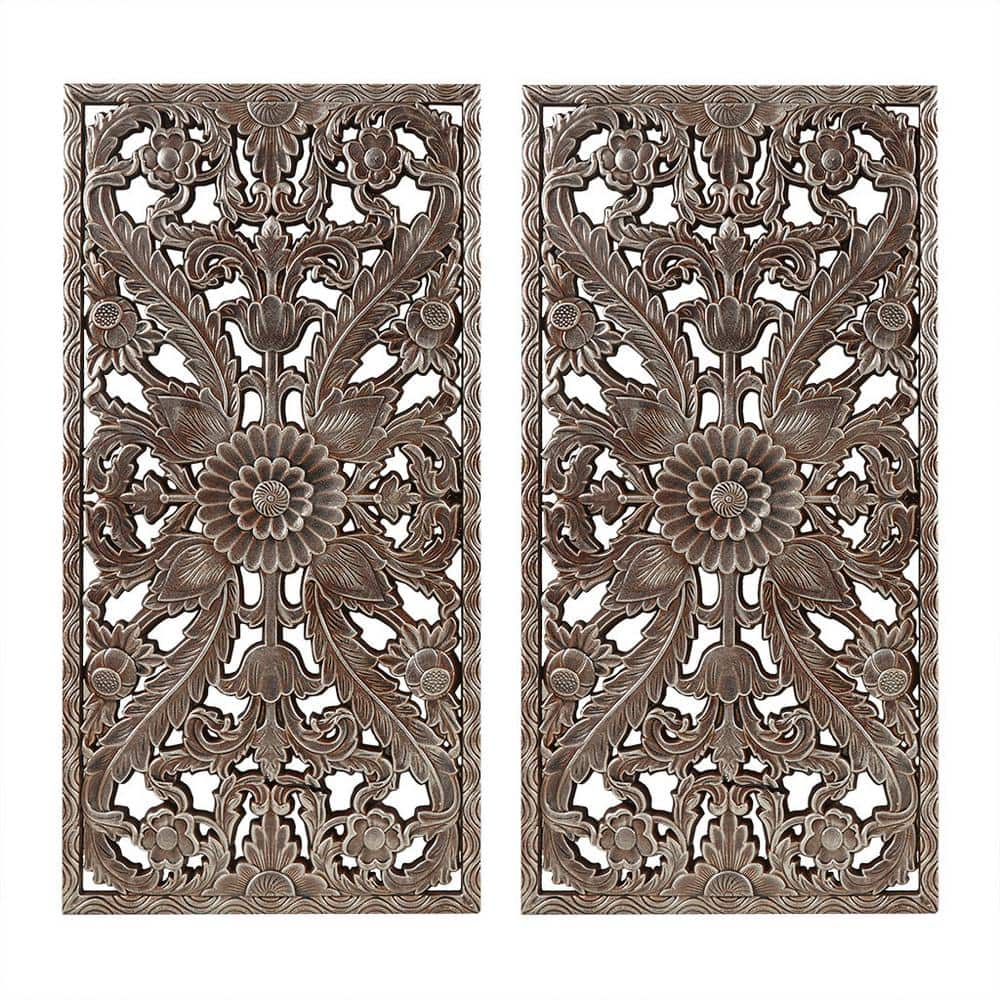 31.5 in. x 15.75 in. Bronze Carved Wood 2-Piece Wall Decor Set - Exquisite Lotus Flower Pattern Wall Art -  Vsmile, HD590045M