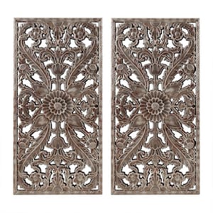 31.5 in. x 15.75 in. Bronze Carved Wood 2-Piece Wall Decor Set - Exquisite Lotus Flower Pattern Wall Art