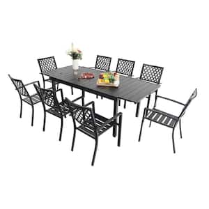 Black 9-Piece Metal Outdoor Patio Dining Set with Extendable Table and Elegant Stackable Chairs