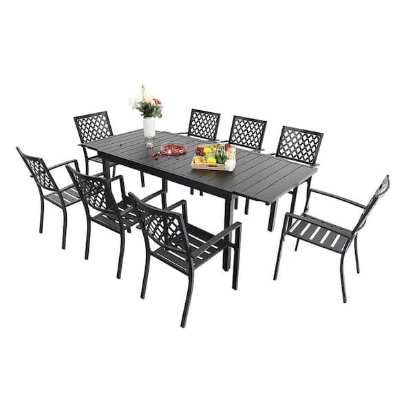 PHI VILLA Black 9-Piece Metal Outdoor Patio Dining Set with Extendable Table and Elegant Stackable Chairs