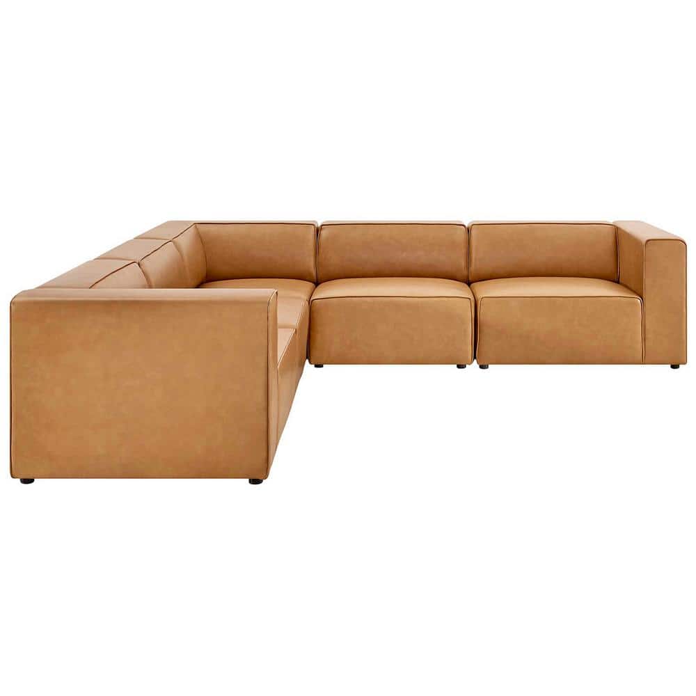 Tan Faux Leather 5-Piece Sectional Sofa with Check Pattern
