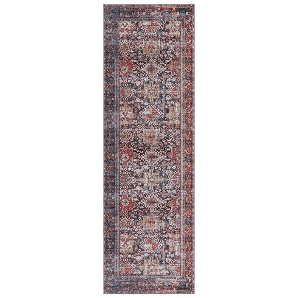 SAFAVIEH Tucson Navy/Rust 3 ft. x 14 ft. Machine Washable Floral Border ...