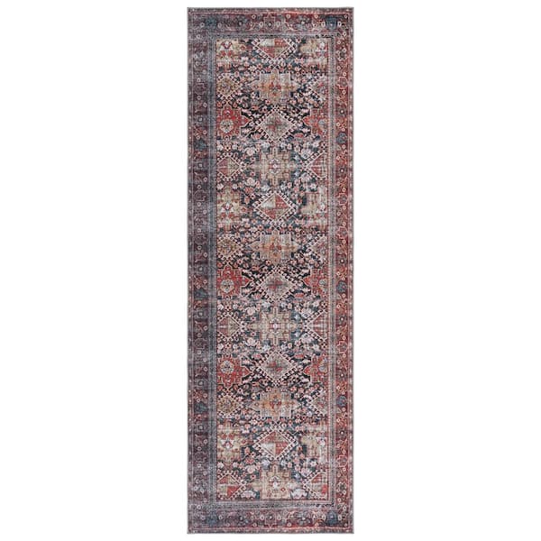 SAFAVIEH Tucson Navy/Rust 3 ft. x 14 ft. Machine Washable Floral Border Runner Rug