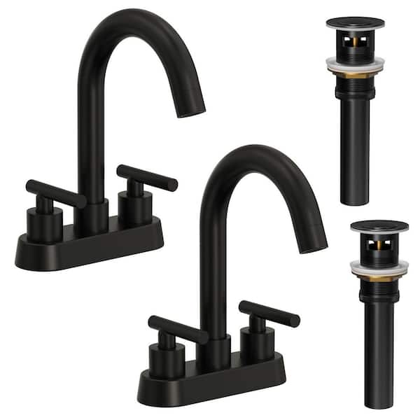 GRANDJOY 4 in. Centerset 2 or 3-Hole Double Handle High Arc Bathroom Faucet 1.0 GPM in Matte Black with Pop-Up Drain (2-Pack)