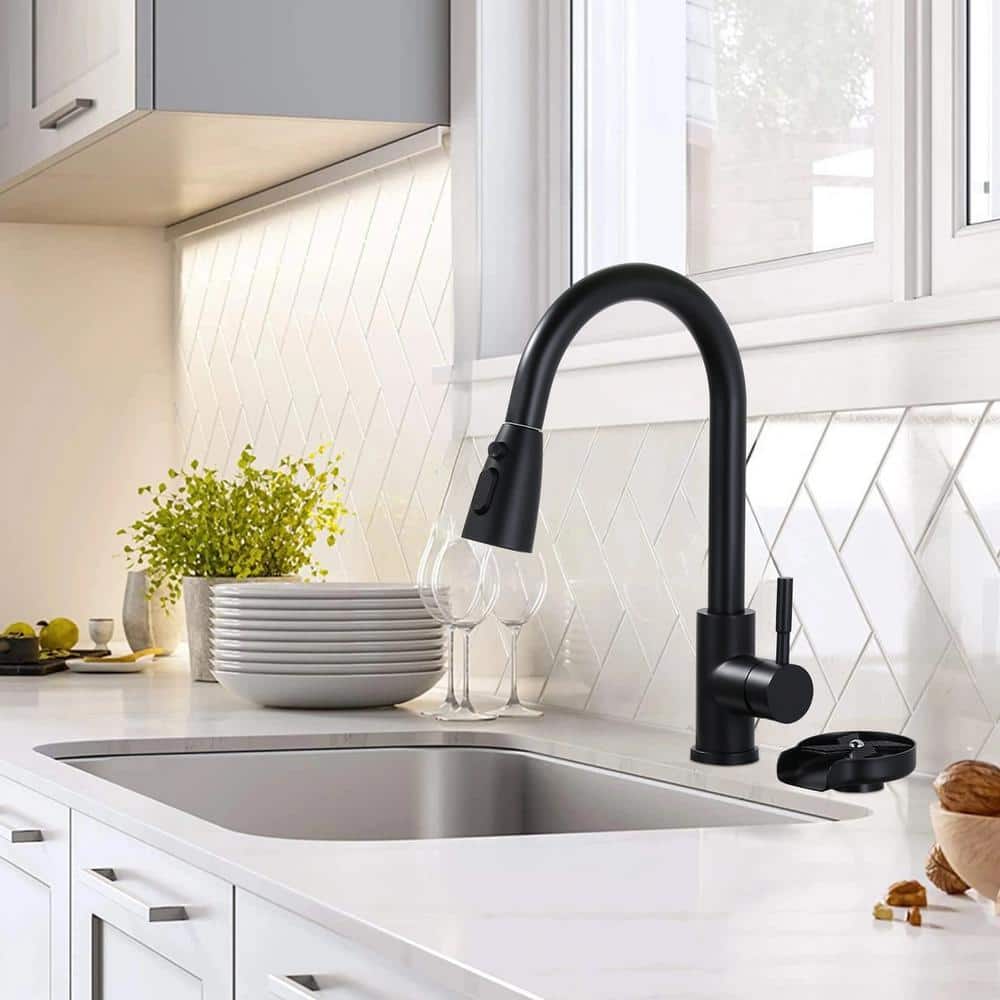 Matte Black Single Handle Pull-Down Kitchen Faucet with Deckplate