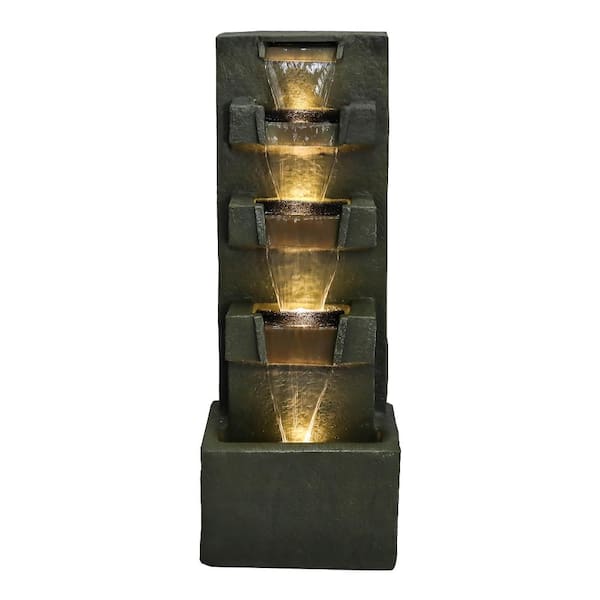Watnature 39.3 in. Concrete Modern Indoor Fountain Outdoor Waterfall with LED Light -5-Tier Tall for Garden, Patio, Home Art Decor