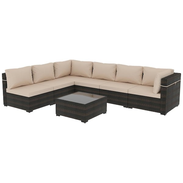 Upha 7 Piece Wicker Outdoor Patio Conversation Sectional Seating Set With Beige Cushions