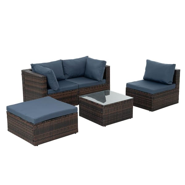 Zeus & Ruta Brown 5-piece Wicker Patio Conversation Sectional Seating Set with Blue Cushions and Coffee Table for Patio and Garden