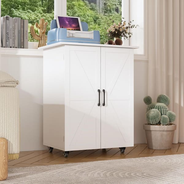 White 2-Door Craft Storage Cabinet Sewing Tables Craft & Hobby Storage Home Storage With 8 Baskets and Lockable Wheels