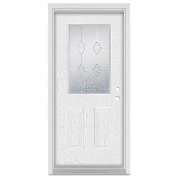 Stanley Doors 36 in. x 80 in. Geometric Left-Hand 1/2 Lite Brass Finished Fiberglass Oak Woodgrain Prehung Front Door