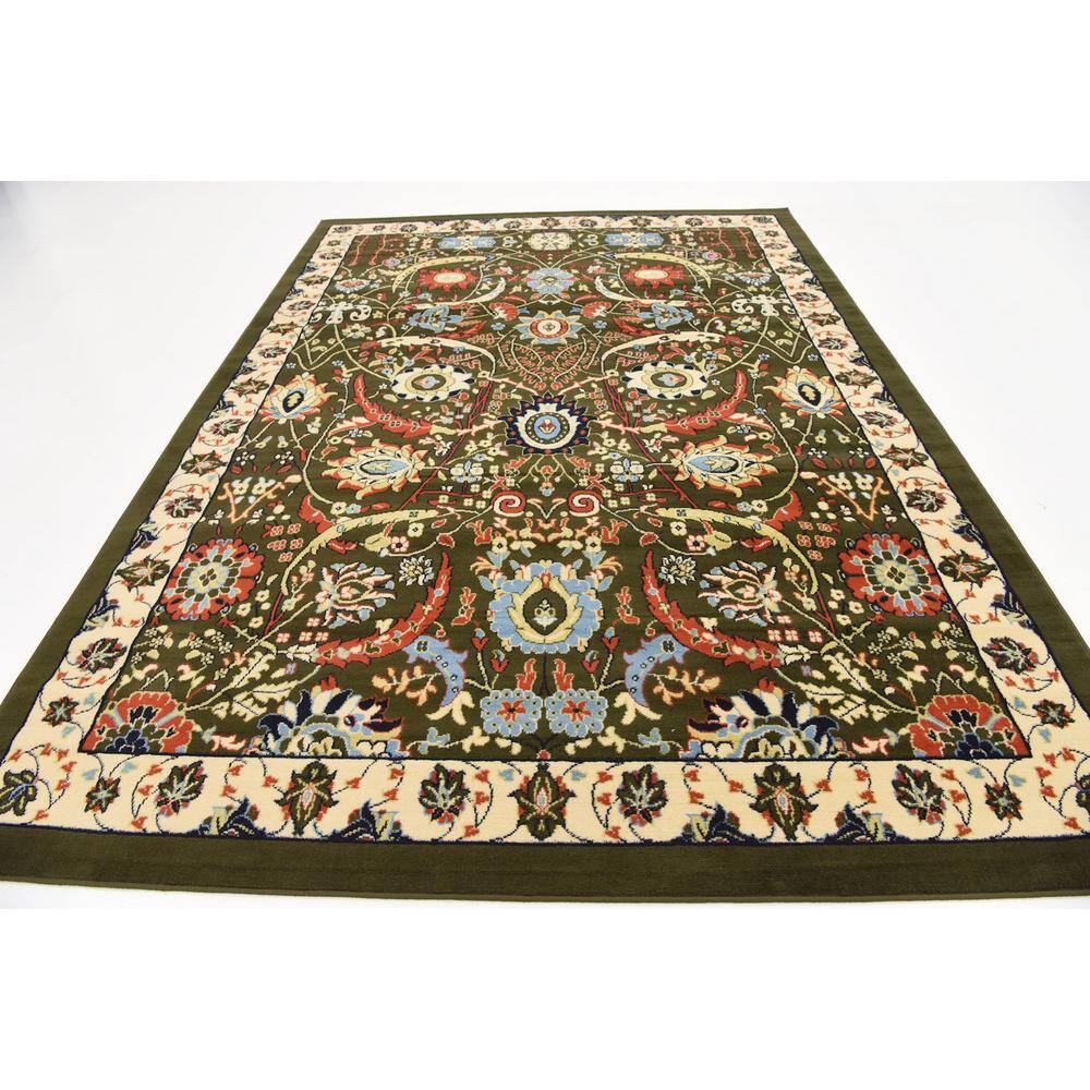 Green and Black Floral Synthetic Rectangular Area Rug