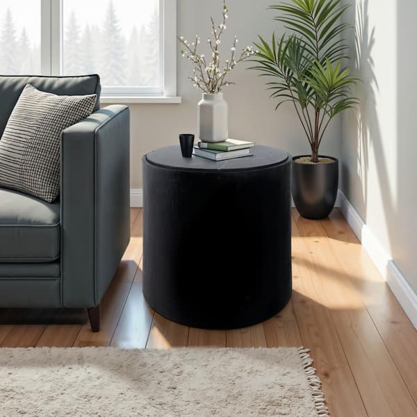 Black 18 in. Round Marble Top Accent Table with Wood Base
