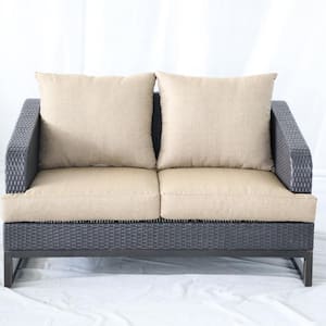 Grey Wicker Outdoor Loveseat with Beige Cushions for Patio, Deck or Pool Side