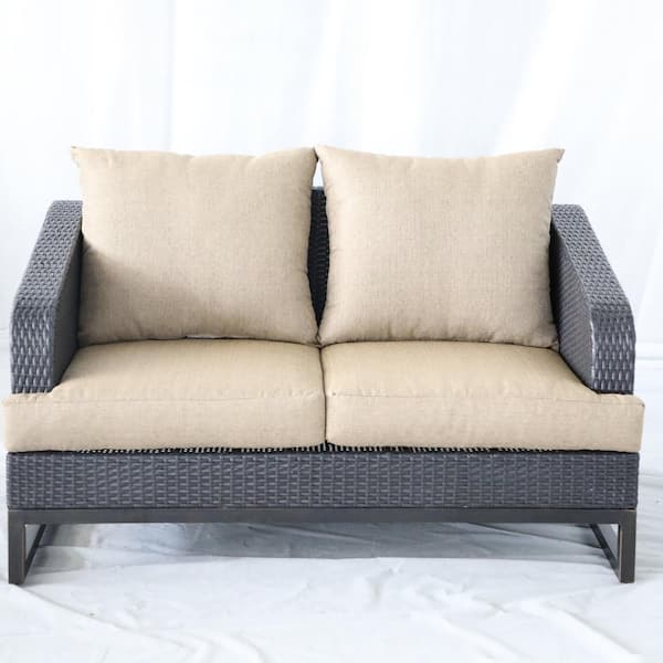 Zeus & Ruta Grey Wicker Outdoor Loveseat with Beige Cushions for Patio, Deck or Pool Side