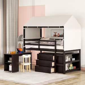 Espresso Wood Frame Twin Size House Loft Bed with Moving Desk, 2 Open Compartments, Bookshelf, 3-Drawer and Tent