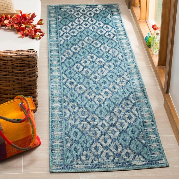Courtyard Navy/Aqua 2 ft. x 10 ft. Border Indoor/Outdoor Patio  Runner Rug