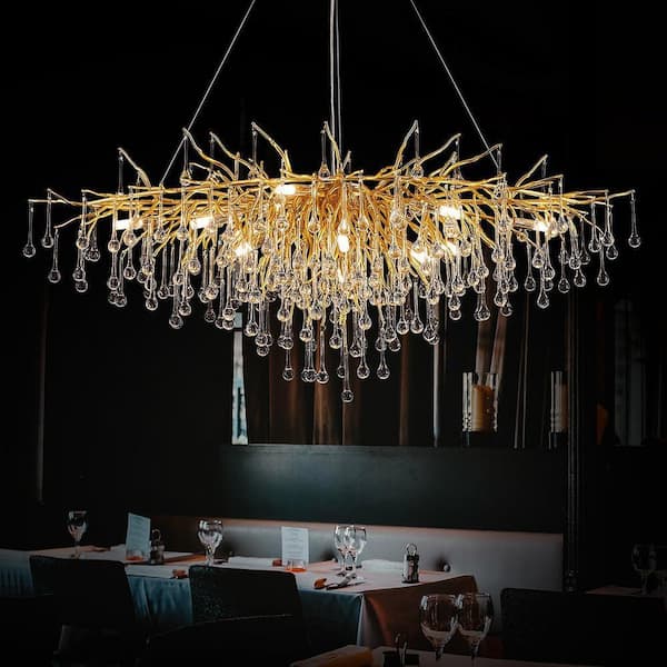 15-Lights Gold Luxury Crystal Chandelier, Modern Frosted Tree Branch Chandelier for Living Room, Dinning Room, Kitchen