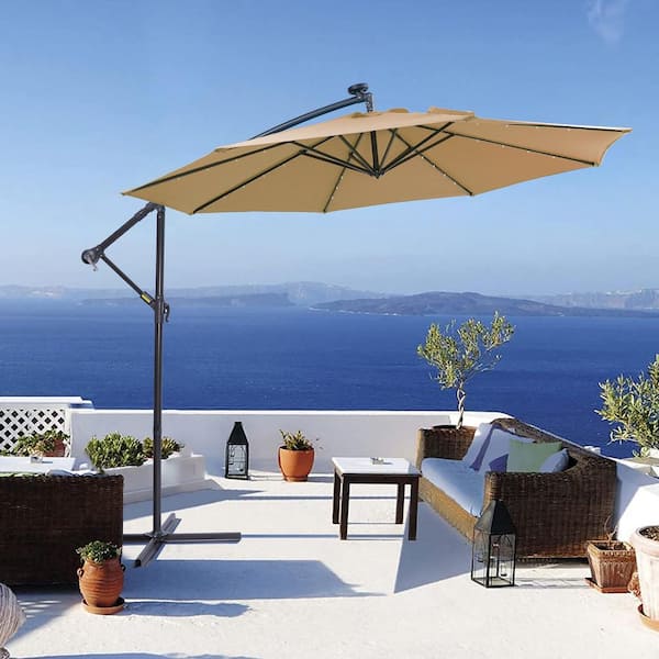 Unbranded 10 ft. Outdoor Patio Umbrella, LED Solar Hanging Cantilever Parasol, Easy Open Adjustable, with 32-LED Lights-Taupe