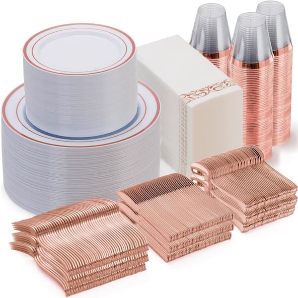 700-Piece, Rose Red Rim Elegant Plastic Disposable Dinnerware Set for Party, Party Tableware for 100 Guests