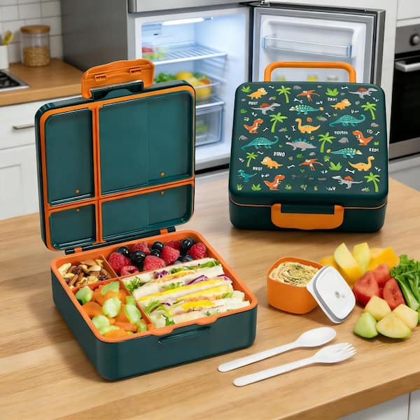 Wudkey Playful Green Dinosaur Reusable Lunch Bag (Set of 1) 4-Compartment Leak-Proof Bento Box, BPA Free Lunch Container
