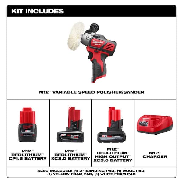 M12 12V Lithium-Ion Cordless Variable Speed Polisher/Sander Kit W/(2) M12 Batteries, Accessories, Charger & Tool Bag