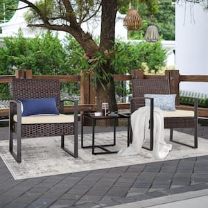 Cute 3-Piece Brown Wicker Patio Conversation Set with Beige Cushions