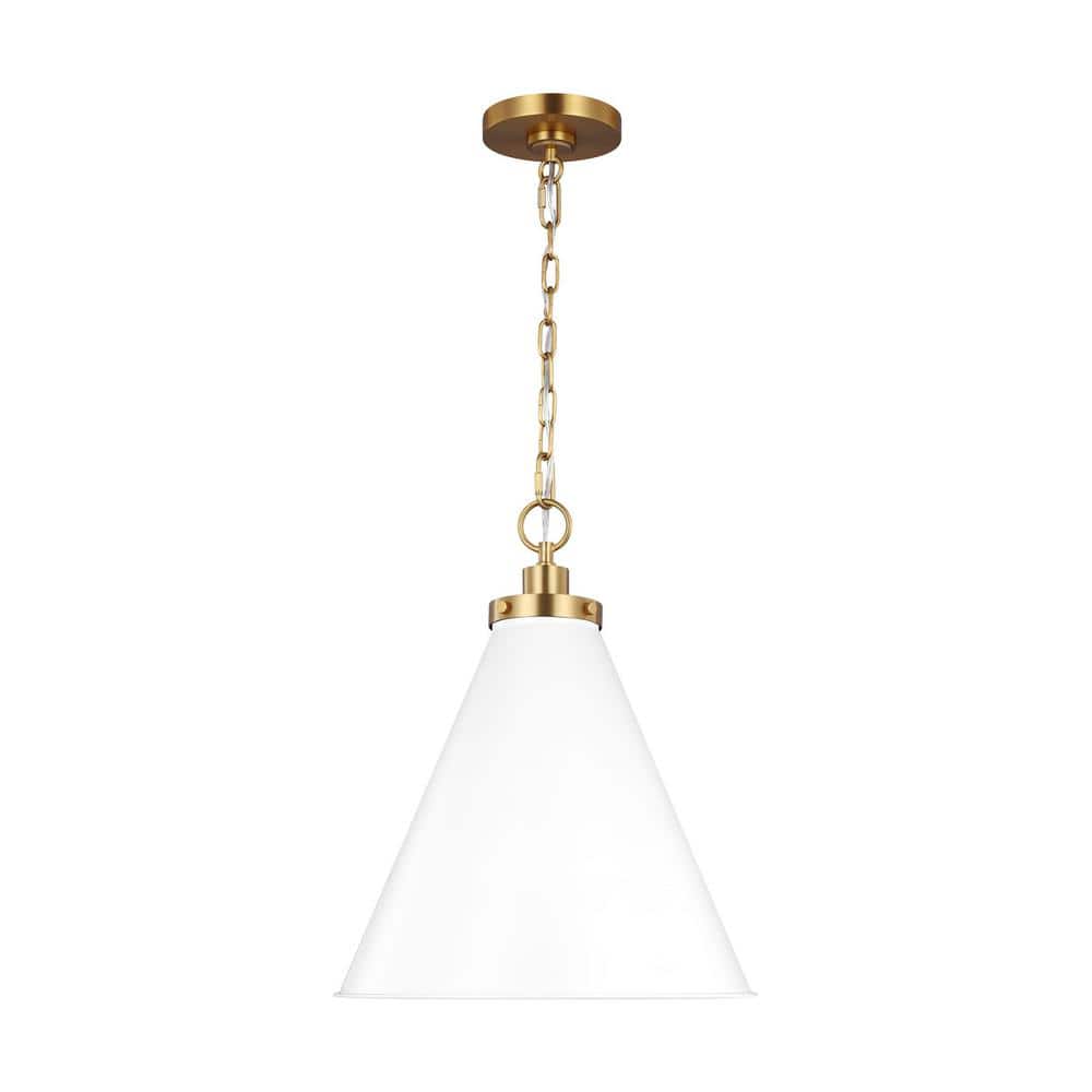 Wellfleet 15.625 in. W x 19 in. H 1-Light Matte White/Burnished Brass Medium Cone Pendant Light with Steel Shade price history on PriceWatchPro